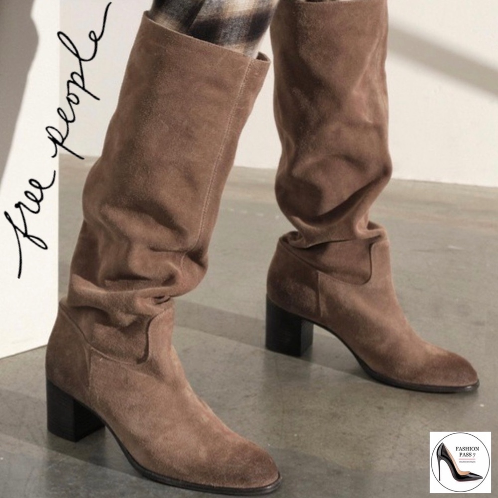 Free People Cleo Taupe Brown Suede Block Heel Slouch Knee Leather Italy Boots 41